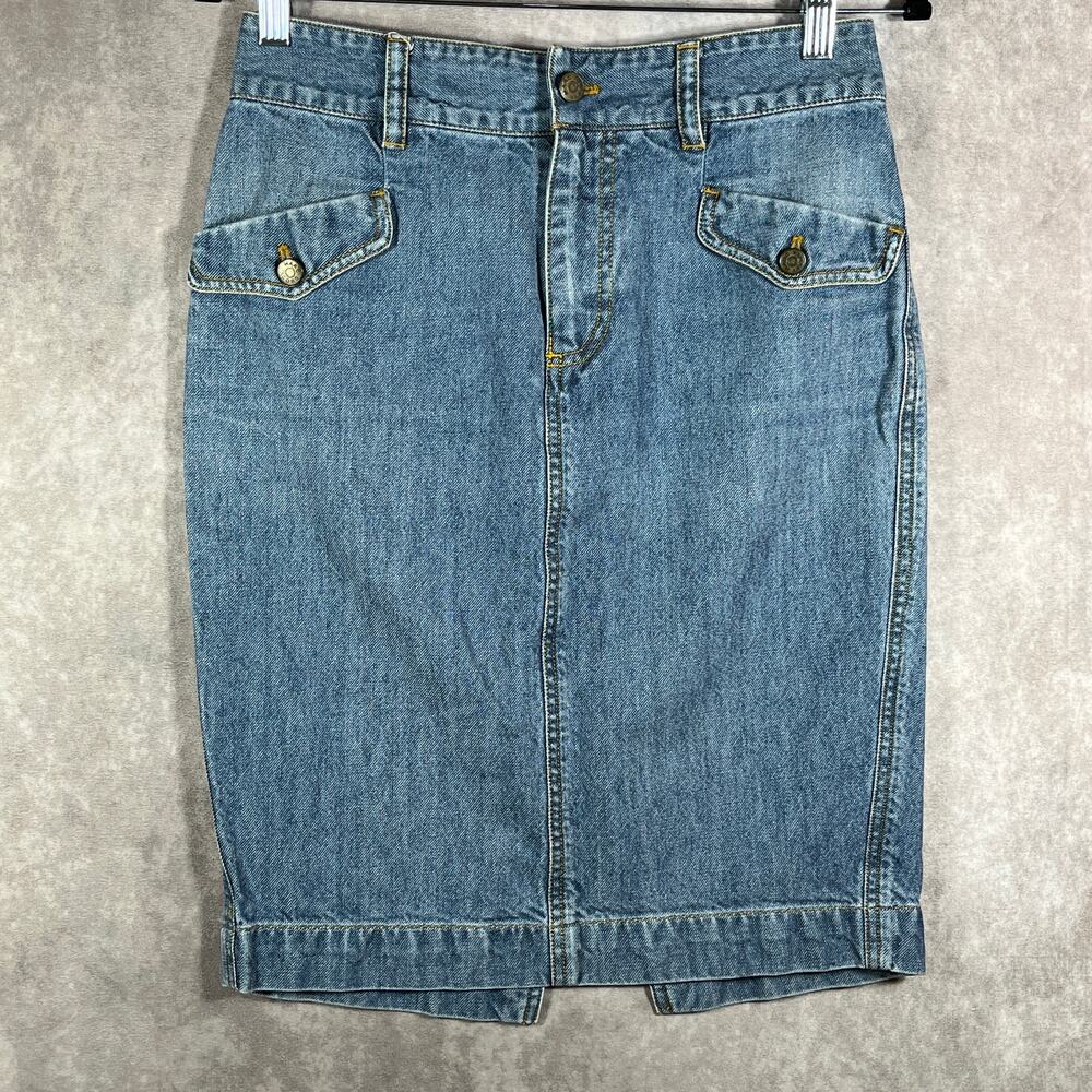 Marc Jacobs Pencil Skirt Womens Size 6 Blue Denim Knee Length Back Slit Casual